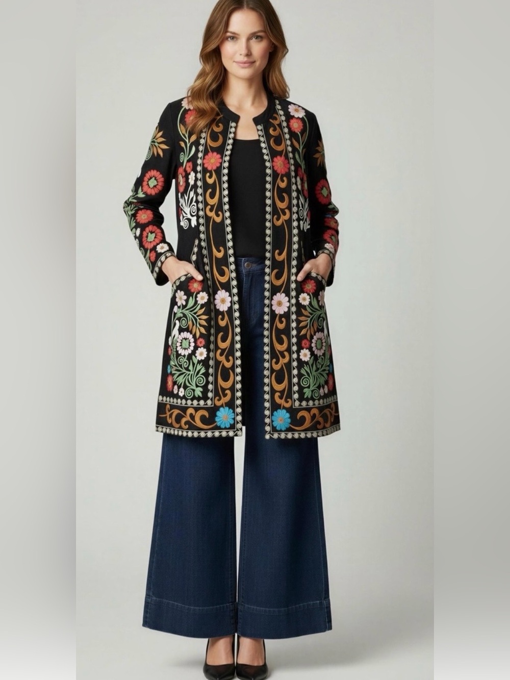 Black Embroidered Floral Longline Coatigan